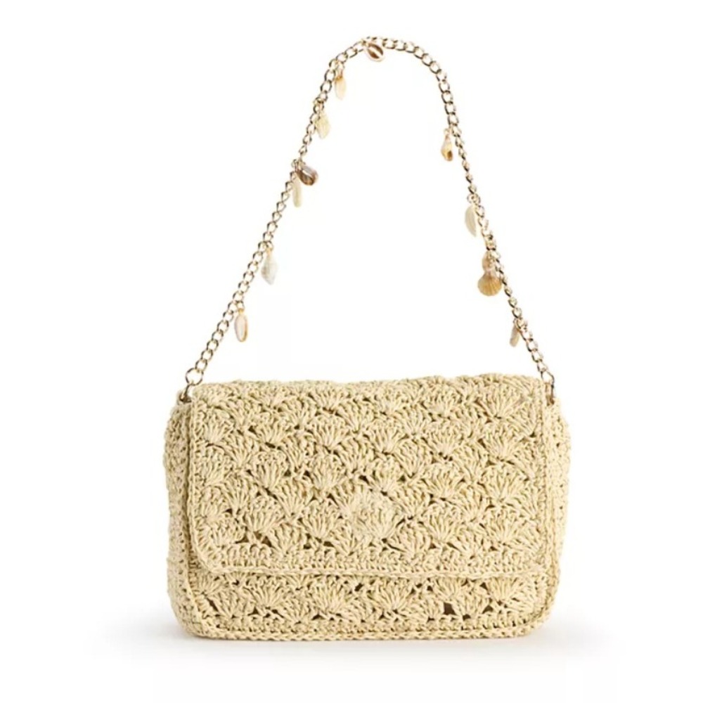 LC Lauren Conrad Cecilia Shell Straw Shoulder Bag Natural Woven Neutral Capsule